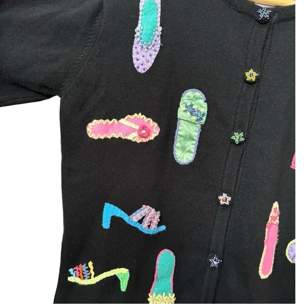 Talbots Petites Vintage Embroidered Shoes Heels Novelty Cardigan Sweater. Small.